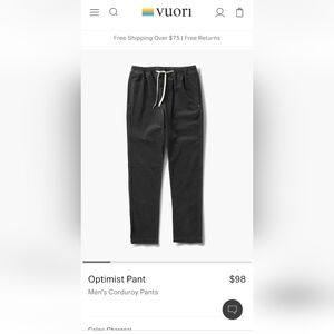 Vuori mens Optimist corduroy pants